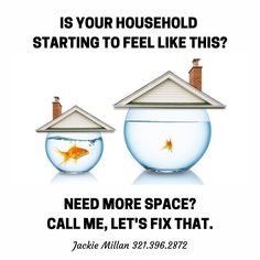 two goldfish in fish bowls with the caption is your household starting to feel like this? need more space call me, let's fix that