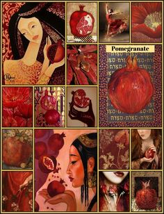 a collage of images with different types of fruit and vegetables in them, including pomegranate