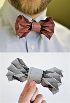 the man is wearing a bow tie made out of paper