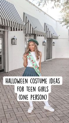 a girl wearing a green hat, white shirt and blue skirt with the words halloween costume ideas for teen girls one person