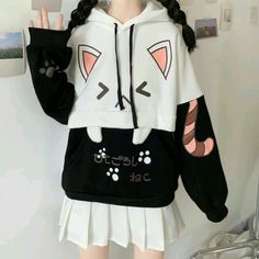 Kawaii Hoodies, Kawaii Hoodie, Printed Hoodies Sweatshirts, Cute Hoodie, Cat Hoodie, Fleece Sweater, Really Cute Outfits, Kawaii Clothes, Print Pullover