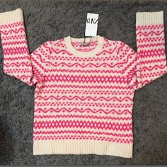 Brand New Soft Zara Oversize Pink Jacquard Knit Tops For Winter, Trendy Zara Crew Neck Sweater, Zara Pink Winter Sweater, Zara Casual Knitted Sweater, Casual Fair Isle Sweater For Spring, Pink Fair Isle Pattern Top For Fall, Zara Pink Crew Neck Sweater, Zara Pink Casual Sweater, Casual Pink Zara Sweater