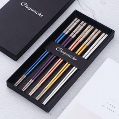 Non-slip Stainless Steel Colored Chopsticks Box Set from Gallery Wallrus | Eclectic Wall Art & Decor with Worldwide Shipping Korean Kitchen, Cutlery Design, Food On Sticks, Cooking Set, Dish Sets, Dinner Sets, Kitchen Tools And Gadgets