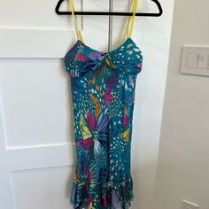 Silk And Velvet Dress. Like New Condition. Beautiful Colors! Fitted Floral Print Midi Beachwear Dress, Blue Fitted Midi Beach Dress, Blue Fitted Beachwear Dress, Fitted Blue Midi Dress For Beachwear, Fitted Multicolor Sundress Midi Dress, Fitted Multicolor Silk Midi Dress, Fitted Silk Midi Dress For Beach, Fitted Vibrant Midi Dress With Vibrant Print, Vibrant Fitted Midi Dress With Vibrant Print