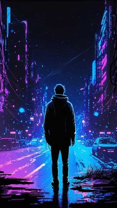 a man standing in the middle of a city at night with neon lights on buildings