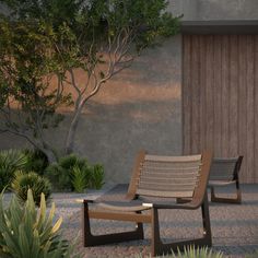 two wooden chairs sitting next to each other in front of a tree and shrubbery