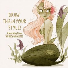 a drawing of a mermaid sitting on top of a green leafy plant with a flower in her hair