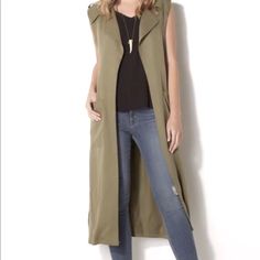 Long Vest Drape Front Duster Sleeveless Khaki Outerwear For Spring, Khaki Sleeveless Outerwear For Spring, Sleeveless Green Outerwear For Layering, Trendy Khaki Summer Outerwear, Trendy Olive Outerwear For Spring, Chic Sleeveless Khaki Outerwear, Chic Khaki Sleeveless Outerwear, Chic Green Sleeveless Outerwear, Solid Spring Vest For Layering