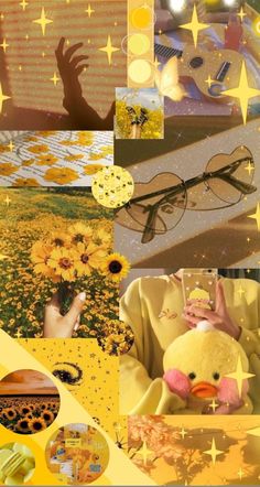 a collage of photos with sunflowers and other things