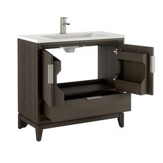 a bathroom vanity with a sink and cabinet in the middle, on an isolated white background