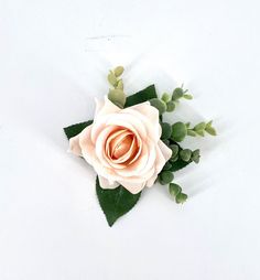 a pink rose with green leaves on a white background is seen from the top down