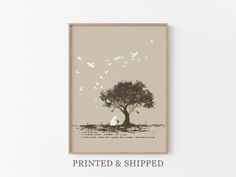 a tree with birds flying over it and the words printed & shipped below it on a white background