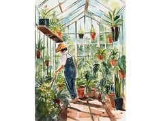 a watercolor painting of a woman in a greenhouse with potted plants on the windowsill