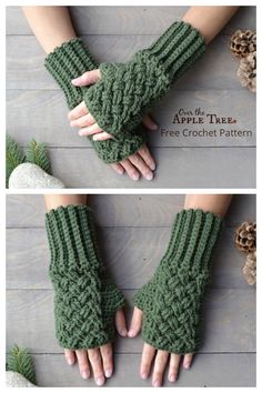 two photos of green knitted gloves on top of a wooden table with pine cones in the background