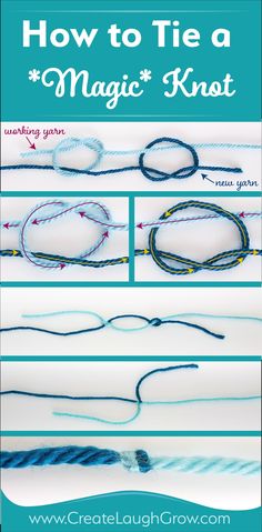 instructions for how to tie a magic knot with yarn and beads on white background, text overlay