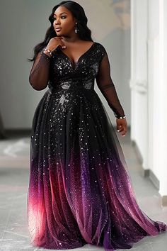 Xpluswear Design Plus Size Evening Black V Neck Gradient See Through Glitter Maxi Dresses