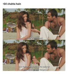 a man and woman sitting next to each other in front of palm trees with the caption, dill chatta hain look at this sand