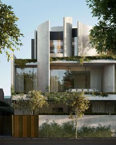 an artist's rendering of a modern house with trees and bushes on the outside