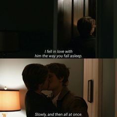 two people kissing in front of a lamp with the caption'i fell in love with him the way you fall asleep slowly, and then all at once