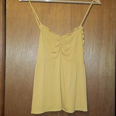 Sweat Heart Ruffle Detailed Touched Top Smocked Back Deatail Adjustable Cami Straps Golden Color Flowey Very Flattering Fit 100% Rayon Nwot Casual Tops With Smocked Bodice And Spaghetti Straps, Casual Smocked Bodice Tops With Spaghetti Straps, Casual Yellow Smocked Top With Ruffles, Casual Yellow Tops With Smocked Back, Yellow Sleeveless Top With Smocked Bodice, Casual Spaghetti Strap Top With Smocked Back, Casual Tops With Spaghetti Straps And Smocked Back, Day Out Tops With Smocked Back And Spaghetti Straps, Spaghetti Strap Top With Smocked Back For Day Out