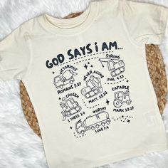 Christian shirt for kids, religious kid shirt, cute christian kid shirt GOD SAYS I AM ....Victorious, strong, never along, chosen, capable, worthy Tshirt - natural, white, blue Kids Christian Shirts, Htv Shirt Ideas, I Am Victorious, Scripture Clothing, Christian Kids Shirts, I Am Shirt, Kids Tshirt Designs, Making Disciples, Kids Faith