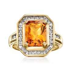 Ross-Simons - C. 1980 Vintage 2.90ct Citrine Ring, .45ct t. w. Diamonds. Size 6.5. C. 1980. Served sunny side up, this Estate collection cocktail ring is bursting with a fabulous feel-good hue. Framed by .45 ct. t. w. round brilliant-cut diamonds and set in polished 14kt yellow gold. 5/8" wide. Diamond and citrine ring. Exclusive, one-of-a-kind Estate Jewelry. Citrine birthstones are the perfect gift for November birthdays. Pear Shaped Ring, Yellow Citrine, Citrine Stone, Gold Polish