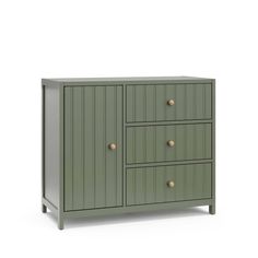 a green cabinet with three drawers and two doors