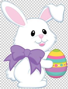 a cartoon bunny holding an easter egg with a bow on its head, transparent background