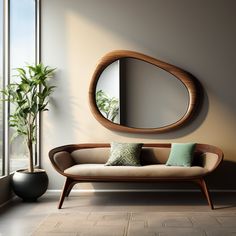 a living room with a couch, mirror and potted plant