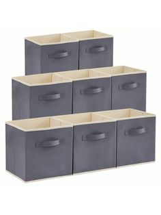 six grey storage bins with handles on each side