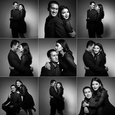 black and white images of people hugging each other with their arms around the same person