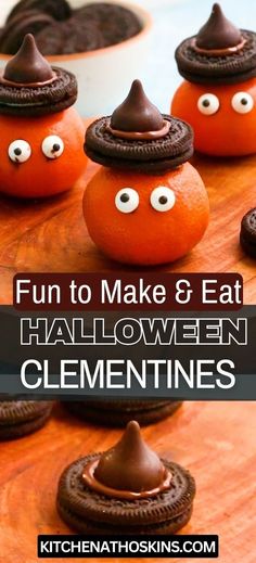 some cookies with googly eyes and chocolate on them are arranged in the shape of pumpkins