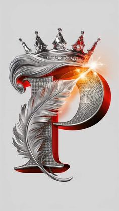 the letter p is made up of silver and red feathers with crowns on top of it