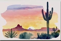 a watercolor painting of a desert scene with cactus and mountains in the background at sunset