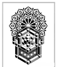 an abstract black and white drawing of a cube with geometric shapes in the center, surrounded by smaller hexagonal objects