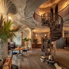 a spiral staircase in the middle of a room