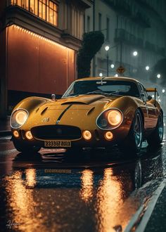 a yellow sports car is parked on the street in the rain with its lights on