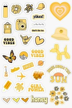 various stickers that are yellow and white