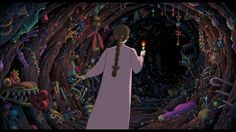 an animated image of a man holding a candle in front of a tunnel with many objects all around him