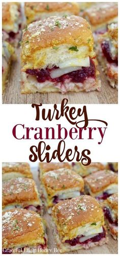 turkey cranberry sliders on a cutting board with the words turkey cranberry slides