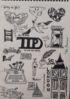 a drawing with various things on it and the word tp written in black ink