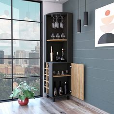 a room with a large window and a tall cabinet filled with liquor bottles on top of it