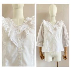 "Cute Austrian blouse from the 1980s The blouse is made from a white cotton material It is trimmed around the neck with ruffles and guipure lace The blouse closes at the front with buttons UK size: 6-8 (xs-s) - US: 4-6 EU: 34-36 Measurements measured flat: Pit to pit 43 cm - 17\" Pit to end sleeve: 27 cm - 10,6\" Length: 51 cm - 20,1\" Material: 100% cotton In perfect condition This item has been washed and steamed so that there are no more unpleasant odors This item is vintage, which means 25 y Cotton Top With Broderie Anglaise And Ruffled Collar, Spring Tops With Broderie Anglaise And Peter Pan Collar, Spring Tops With Peter Pan Collar And Broderie Anglaise, Spring Vintage White Blouse With Ruffles, Cotton Blouse With Lace Trim And Peter Pan Collar, Fitted Cotton Blouse With Broderie Anglaise, Fitted Blouse With Broderie Anglaise And Ruffled Collar, Vintage White Top With Lace Collar For Summer, Summer Vintage White Tops With Lace Collar