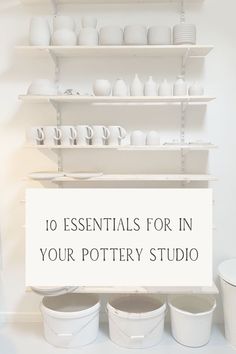 the shelves are filled with white pottery and containers, all on top of each other