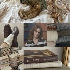 a collage of pictures with books, shoes and cats laying on top of them