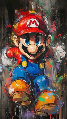 a painting of a mario sitting on top of a chair with paint splatters all over it