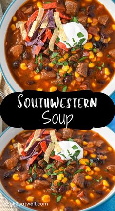 two bowls of southwestern soup with corn and tortilla chips