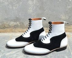 Handmade White and Black Leather & Suede Formal Ankle High Lace up Boots sold by Unique Handmade Leather Shoes on Storenvy High Lace Up Boots, Ankle Lace Up Boots, Quality Leather Boots, Custom Design Shoes, Handmade Leather Shoes, Style Guide, Shoe Game, Handmade Leather, Lace Up Boots