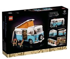 a blue and white vw bus is in the box with other pictures on it