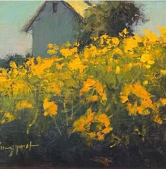 a painting of yellow flowers in front of a house